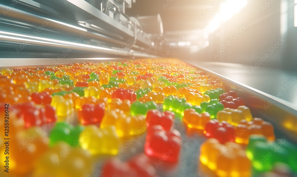 Poster A vibrant array of colorful gummy bears on a conveyor belt in a factory setting, illuminated by soft light.