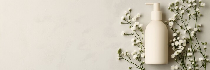 White cosmetic bottle with flowers, spa treatment product, minimalist design, natural elements