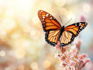 Naklejka premium Monarch butterfly hovering above pink flowers