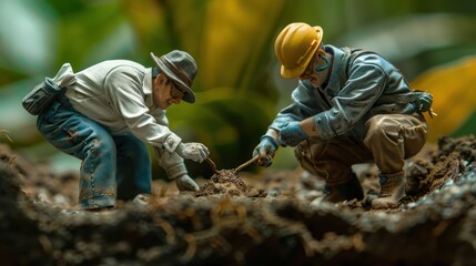 Two miniature figures examining soil, showcasing a focus on exploration and research.