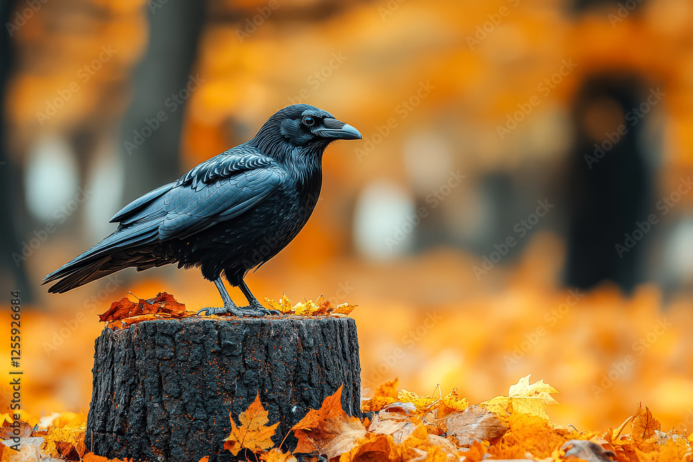 Poster black crow is perched on a log in a forest. the image has a moody and mysterious feel, as the crow i