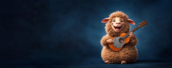 Cheerful Cartoon Sheep Playing Guitar on Dark Background