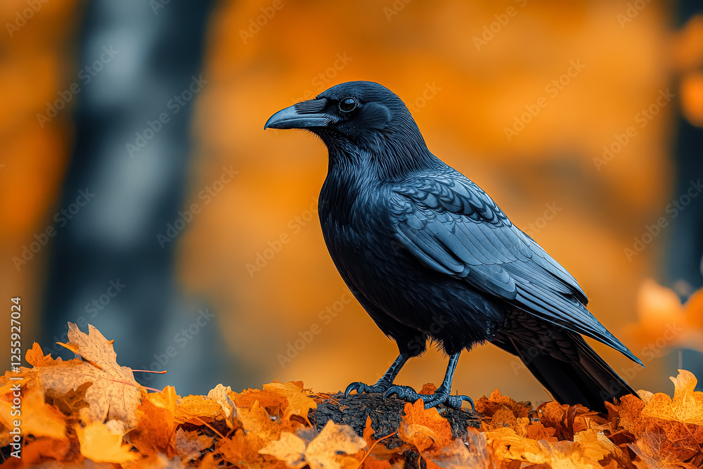 Poster black crow is perched on a log in a forest. the image has a moody and mysterious feel, as the crow i