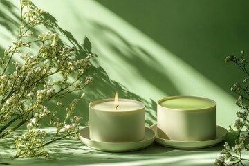 Serenity of green candles surrounded by delicate flowers and soft shadows on a calm afternoon