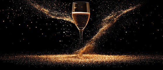 Elegant champagne flute with bronze glitter against a black background, capturing a moment of celebration and sophistication