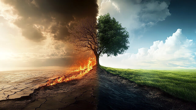 The clash of fire and green reflects global warming and climate change. Earth's ecology, global warming, dramatic environmental shifts, profound impact