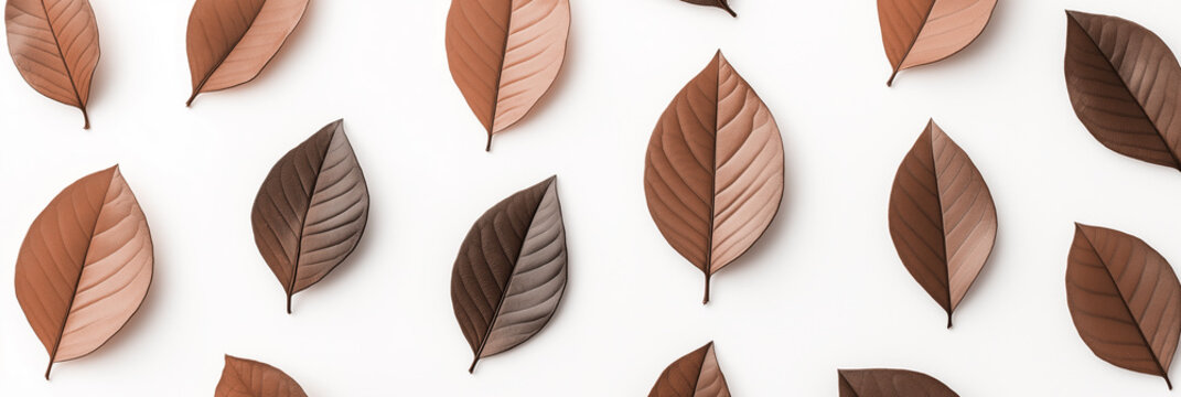 Flat lay of decorative leaves in various shades of mocha mousse, brown arranged on white background