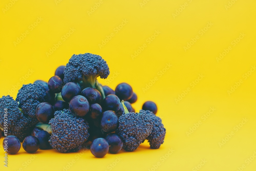 Aufkleber fresh broccoli and grapes arranged on a vibrant yellow background create a striking visual display o