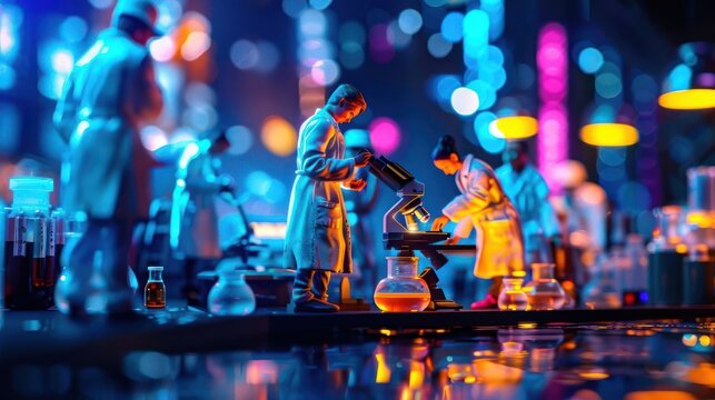 Miniature scientists working in a colorful laboratory with various glassware and equipment.
