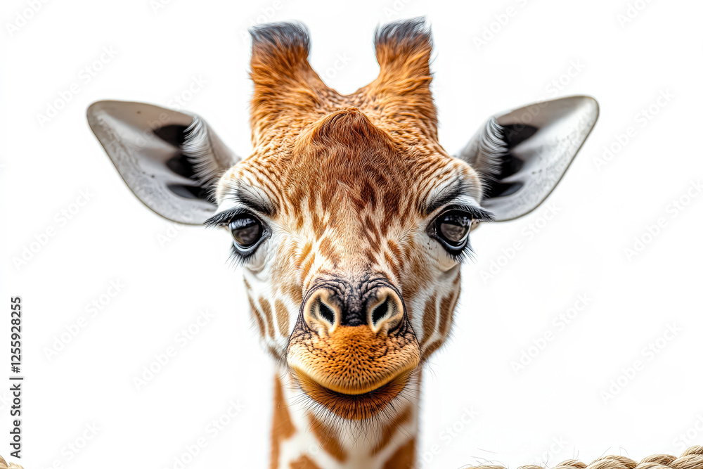Poster giraffe with its head turned to the side and its mouth open. the giraffe is looking at the camera an