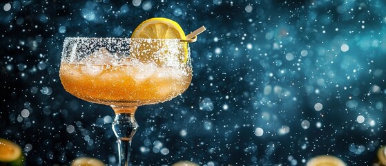 Beryl Shimmer Margarita Pitcher on Black Background with Lemon Slice and Sparkling Ice Cubes in Studio Setting