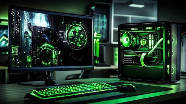A modern gaming setup featuring a sleek computer case, illuminated keyboard, and vibrant green accents creates an immersive atmosphere