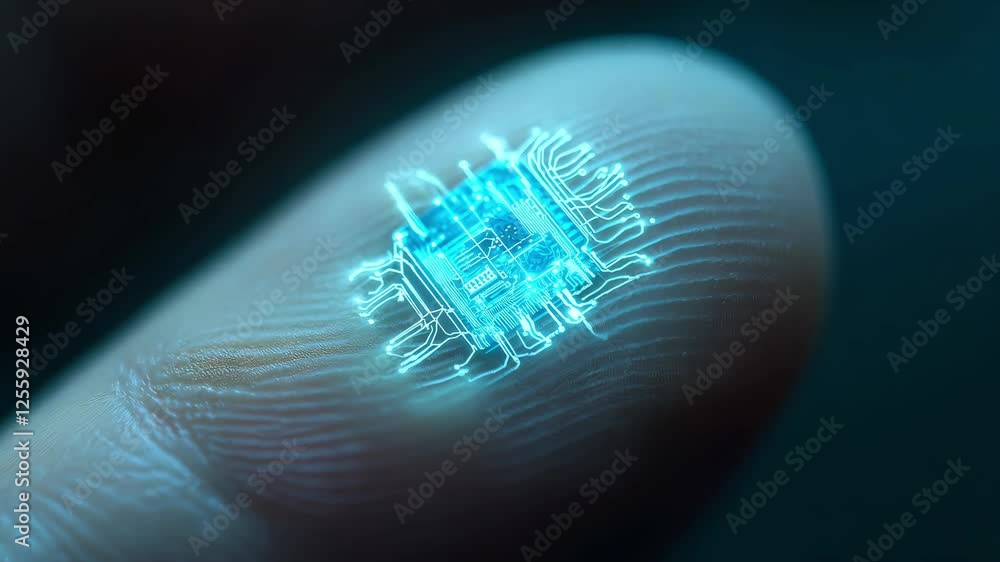 Poster a close up view of a microchip integrated in a fingertip, emphasizing cutting edge technology and in