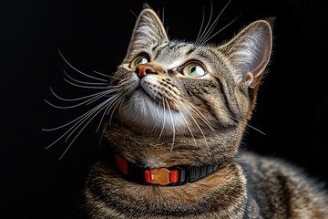 Cat with a collar on its neck is looking up at the camera. The cat appears to be curious and alert, possibly waiting for something or someone. The collar on the cat's neck is a small bell