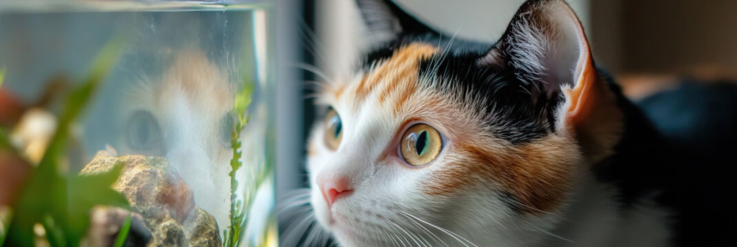 Calico Cat Observing Small Aquarium