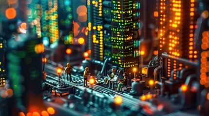 A miniature cityscape with figures interacting amidst glowing lights and structures.