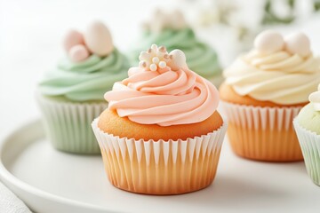 Delicious pastel cupcakes with decorative frosting, soft focus, floral background