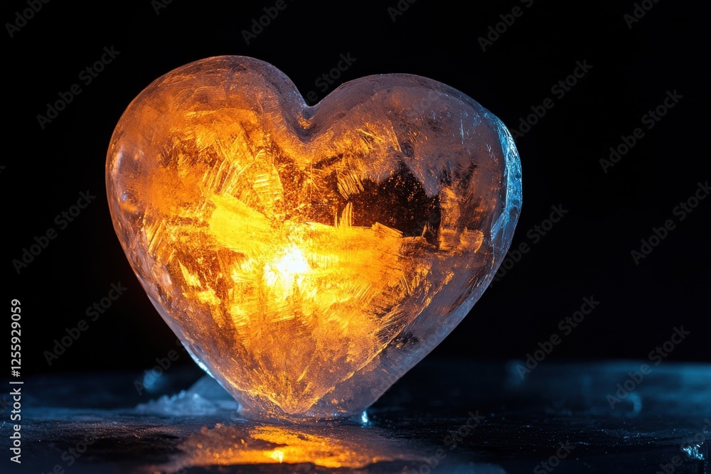 Poster heart-shaped ice sculpture illuminated with warm light creates an enchanting display in a dark setti