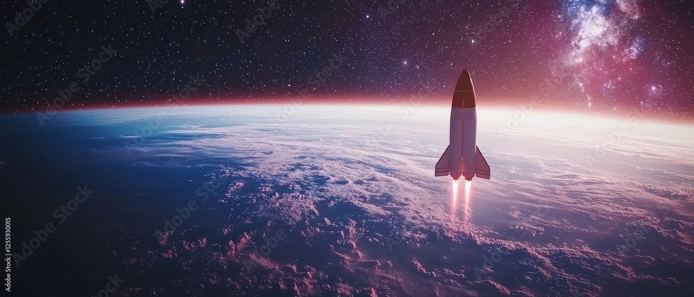 Poster futuristic rocket floating in space surrounded by twinkling stars with cosmic background and earth b