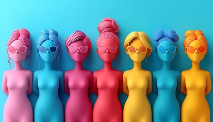 Trendy Women Figurines with Stylish Sunglasses on a Bright Blue Background