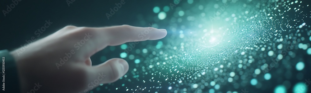 Leinwandbilder A hand reaches out towards a glowing, ethereal light amidst a backdrop of shimmering particles, suggesting a connection to a digital or cosmic realm.