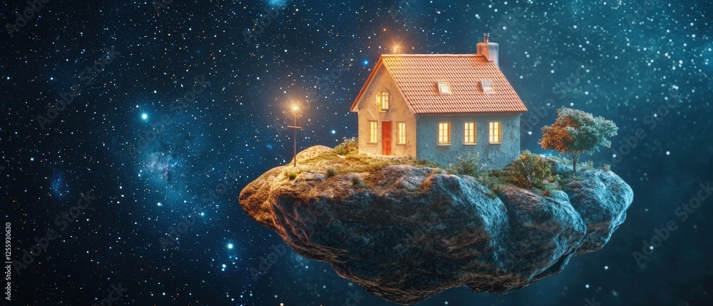 Poster small house floating in space surrounded by stars with soft glow and lush greenery against cosmic ba