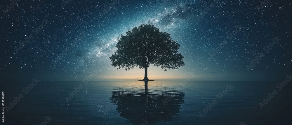 Aufkleber single tree floating in space surrounded by stars in a mystical cosmic background