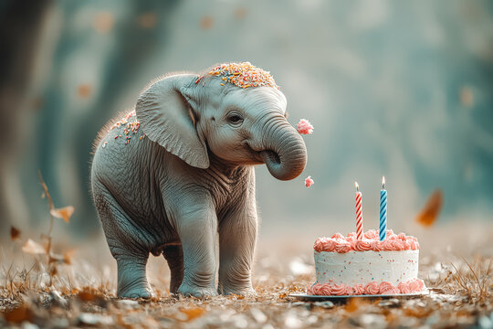 Baby elephant is sitting on the ground and holding a cake with candles. The cake is decorated with red roses, and the elephant is surrounded by green leaves. The scene is whimsical and playful - Powered by Adobe