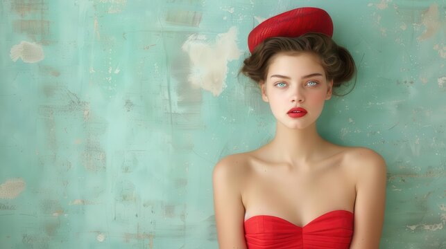 Elegant fashion portrait of a woman with red hat and lipstick.