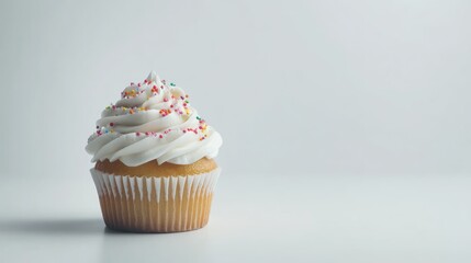 Delicious Vanilla Cupcake with White Frosting and Colorful Sprinkles