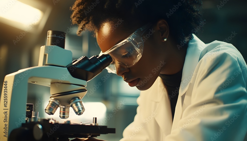 Poster focused scientist examining samples under a bright microscope