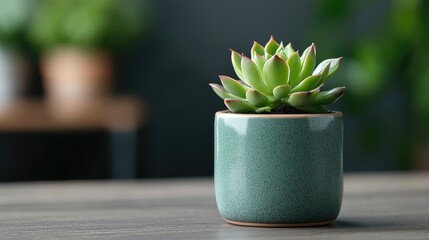 Succulent plant in pot on wooden table, blurred green background, home decor