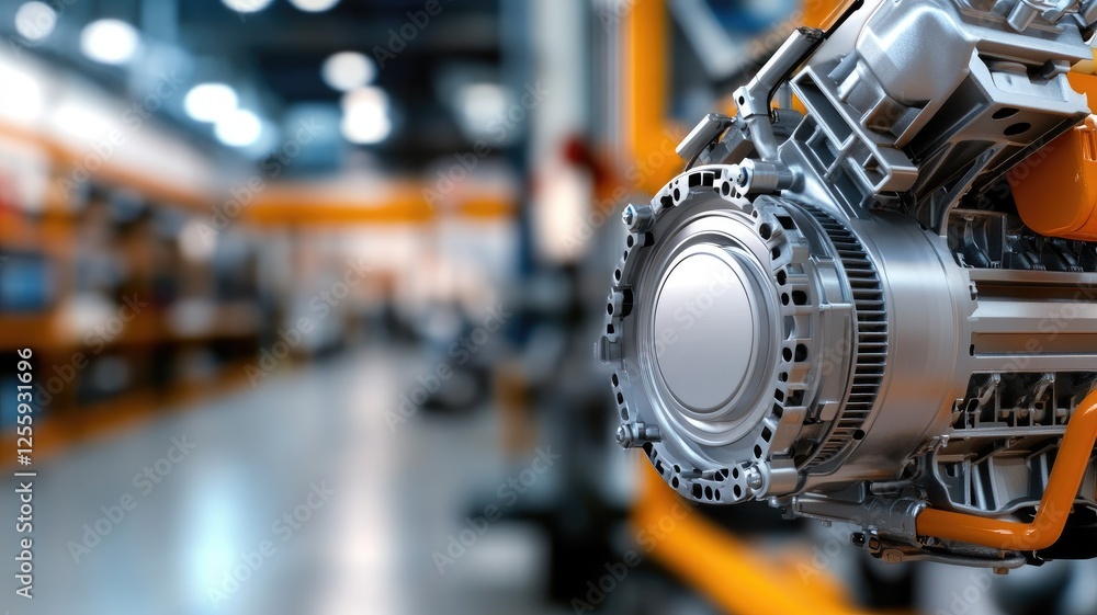 Poster close-up of mechanical engine part in factory setting