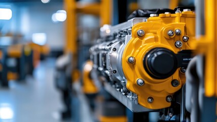 Fototapeta premium Close-up of yellow industrial machinery part in factory setting