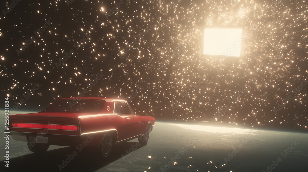 Poster a red car drives through a sparkling landscape towards a bright, glowing cube in a surreal, cosmic s