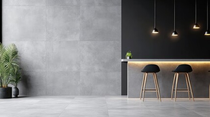 Modern minimalist kitchen with bar stools and pendant lights