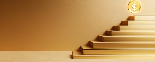 financial benefits budget optimization concept. Golden staircase leading to a coin symbolizing wealth and success.