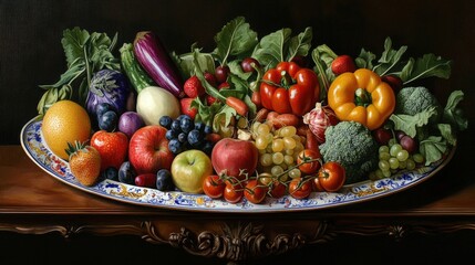 An assortment of fruits and vegetables is beautifully arranged on a decorative plate, surrounded by leafy greens and flowers. The composition emphasizes natural produce and healthy eating.
