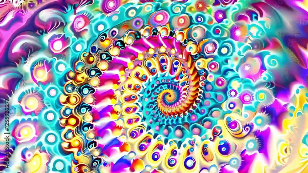 Poster intricate spiral designs flowing endlessly in colorful hues, creating an abstract background