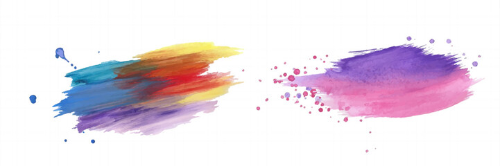 Realistic colorful watercolor brush strokes, splashes, and paint textures on transparent background.