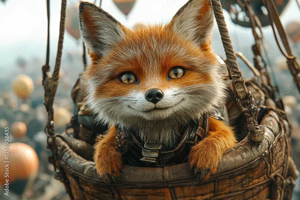Aufkleber fox is sitting in a basket with an apple in it. the fox is smiling and he is enjoying the ride