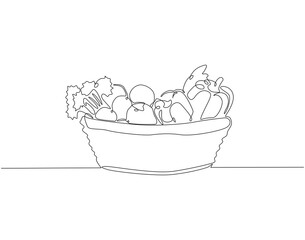 Continuous one line drawing of fresh vegetables in basket. One line drawing illustration of different vegetable in basket. Daily food concept single line. Editable outline