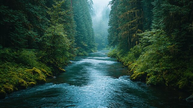 Serene River Flowing Through Lush Green Forest in Misty Atmosphere