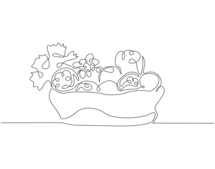 Continuous one line drawing of fresh vegetables in basket. One line drawing illustration of different vegetable in basket. Daily food concept single line. Editable outline