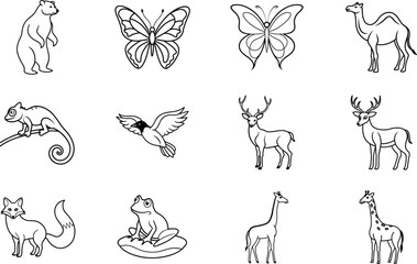 Fototapeta premium Wildlife Animal Icons Polar Bear, Butterfly, Camel, Chameleon, Deer, Birds, Fox, Frog, Giraffe
