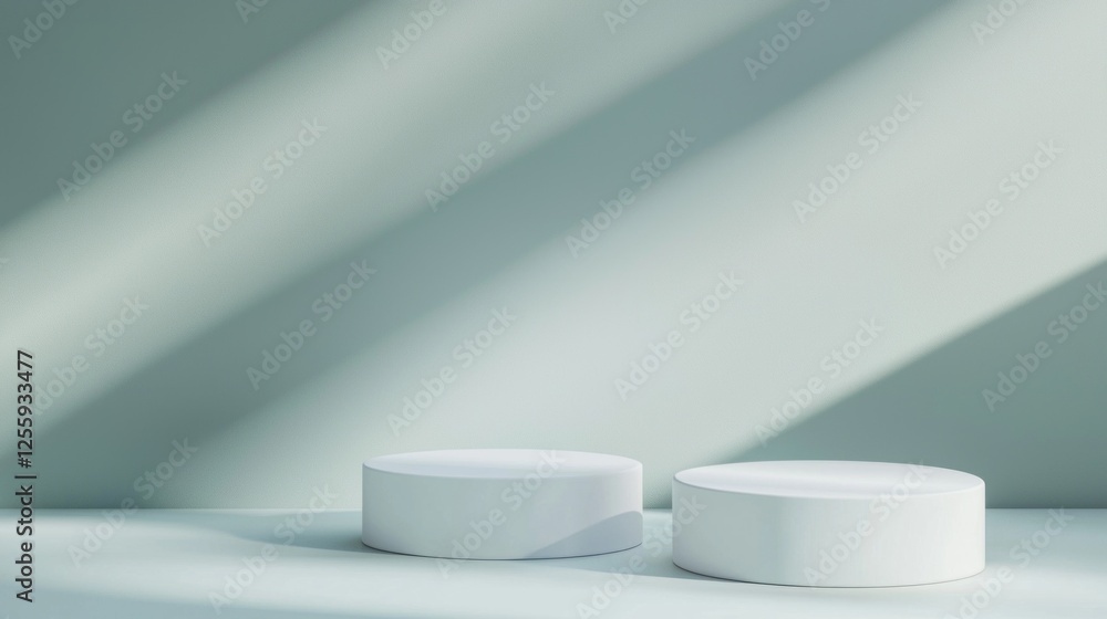 Fototapete soft rays of light illuminate a minimal white podium display, featuring two round cosmetic container