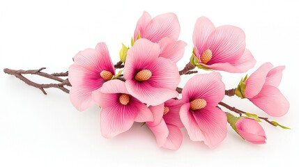 Pink magnolia blossoms on branch, white background, spring floral arrangement, website decoration