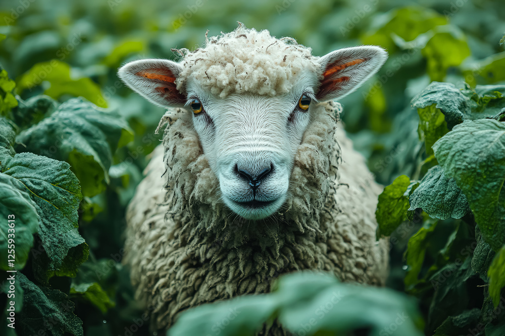 Poster sheep is standing in a field of green plants. the sheep is looking at the camera with a curious expr