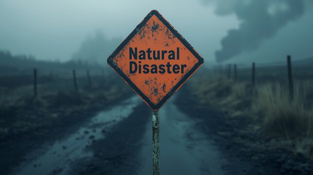 A weathered sign warns of a natural disaster amidst a foggy, desolate landscape, highlighting environmental hazards and the impact of nature.