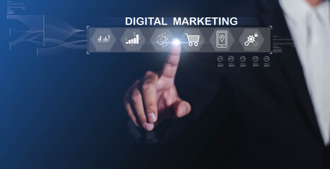 person interacting with digital marketing interface, showcasing various icons related to online business strategies and analytics. scene conveys sense of innovation and technology